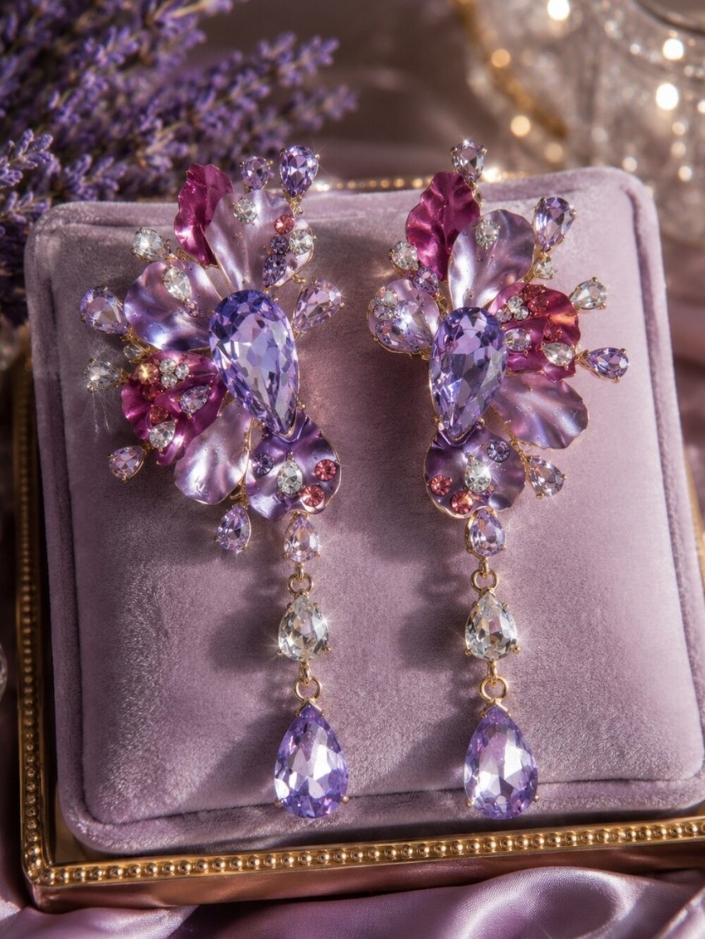 Lavender Floral Drop Earrings - Women Jewelry Hand Made With Swarovski Crystals